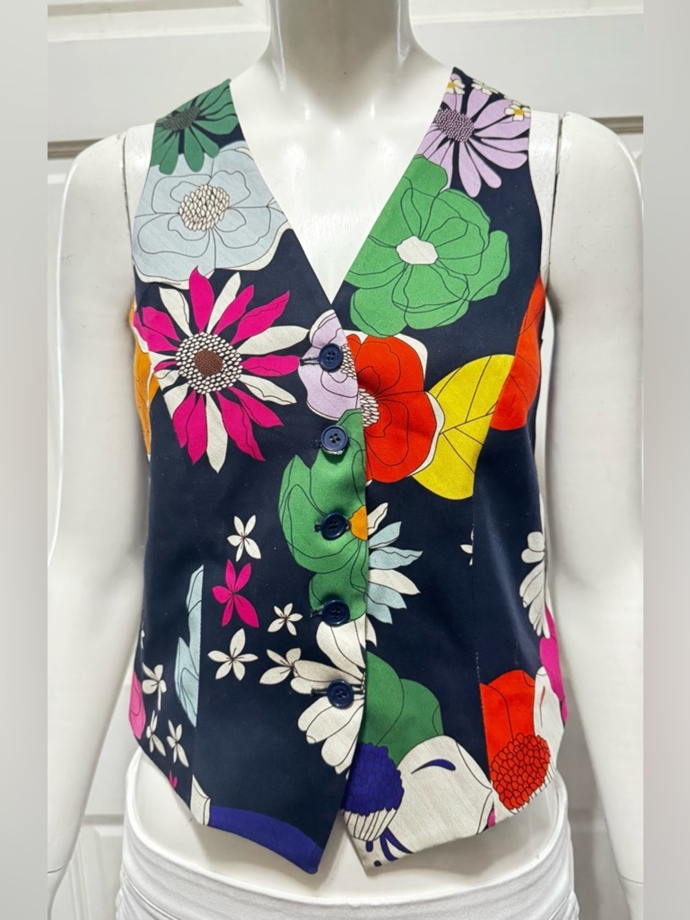 Vilagallo 100% Cotton Floral Brocade Waistcoat Vest V-Neck Button Front S 36 A